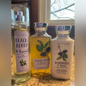Bath & Body Works BlackBerry & Basil shower gel, body lotion, & fragrance mist.